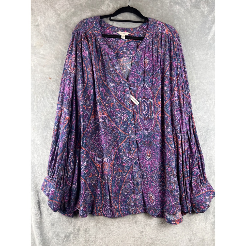 Terra & Sky Blouse Plus Size 3X Purple Paisley Hidden Button V-Neck Long Sleeve - Picture 2 of 10